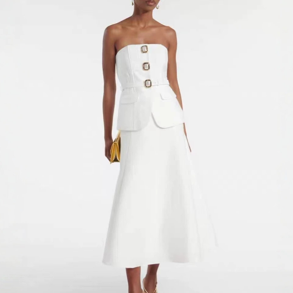 Women Formal Wear For Meeting - 女性用セクシーストラップレスダイヤモンドボタンベルトクロップトップ+ハイウエストAラインロングスカートセットビジネス会議オフィスウェアフォーマルイベント