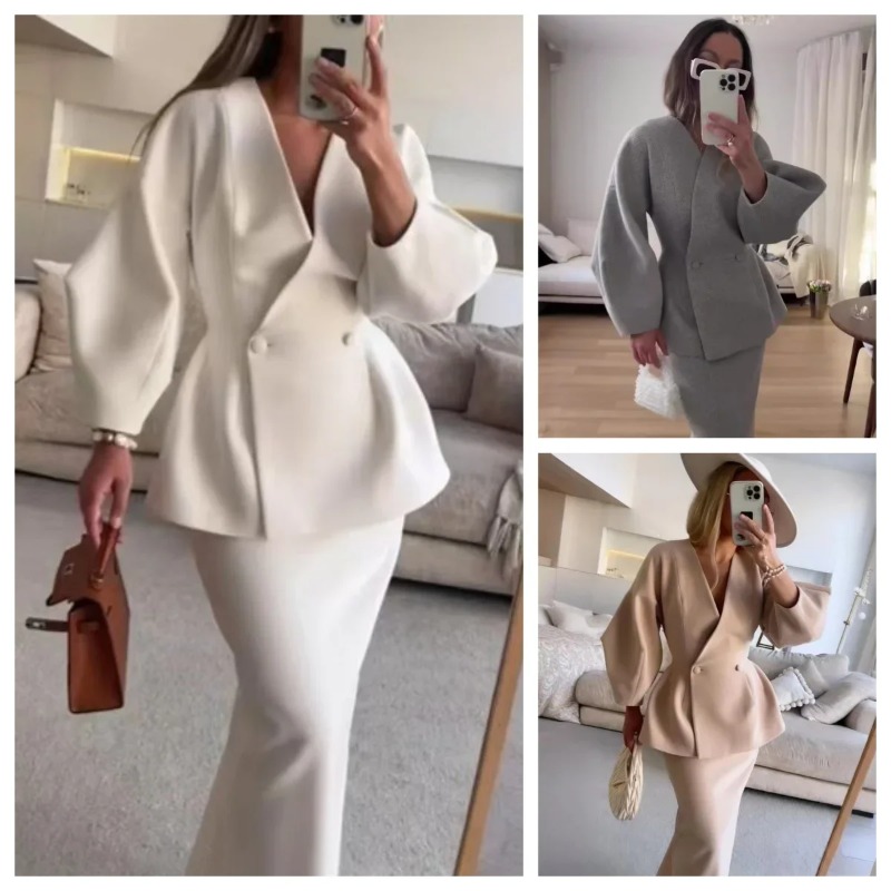 Women Formal Wear For Meeting - 2ピースセット レディース エレガントなブレザーとスカートのセット パフスリーブ付き ビジネス会議、オフィスウェア、フォーマルなイベントに最適