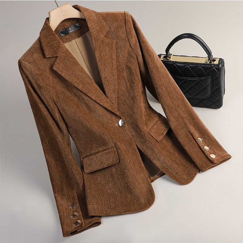 Women Formal Wear Business - イエローゴールドベルベットブレザー女性秋冬カジュアルスーツファッションオフィスレディースブレザービジネスワークウェアフォーマルジャケットコート