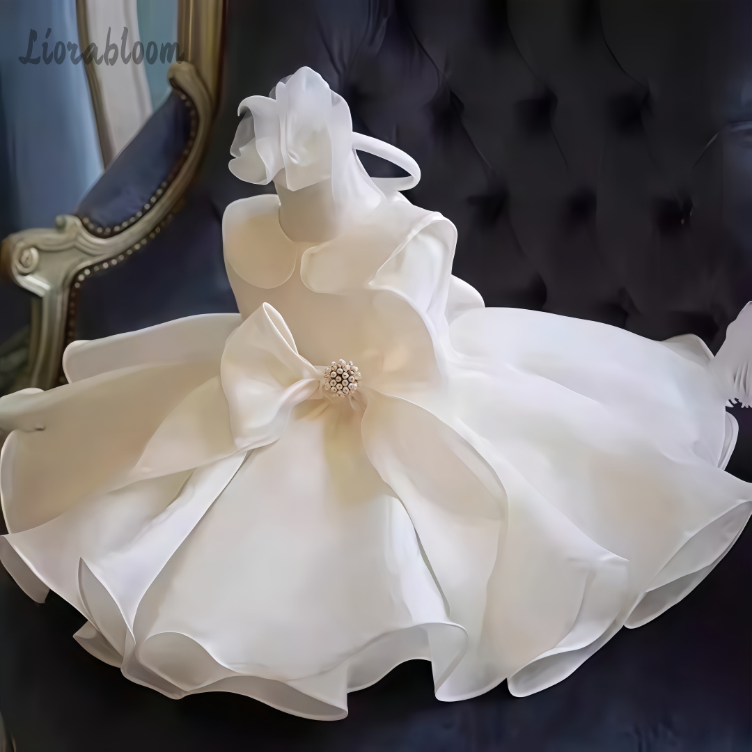 Women Formal Party Wear Dress - ホワイトパール装飾ドレスウェディングフラワーガールドレスホワイトフラワーガール衣装パーティードレスエレガントフォーマルウェア