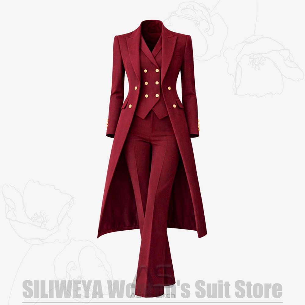 Women Formal Wear Business - レディーススーツ 3ピース ダブルブレスト ロングコート ベスト パンツ