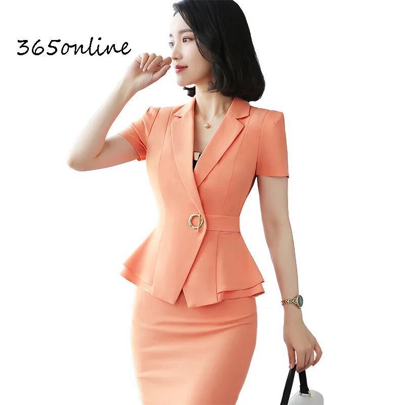 Women Formal Wear Business - レディースオフィスワークウェア、プロフェッショナルなサマーブレザースーツ、トップスとスカート付きのツーピース、フォーマルな制服スタイルのブレザー・スーツ