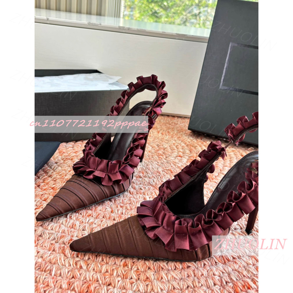 Slingback Heel Formal - スリングバックヒール バーガンディ プリーツサテン ラッフル スティレットパンプス ポインテッドトゥ
