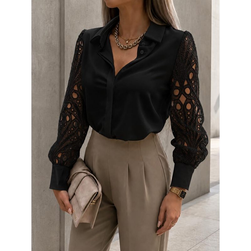Women Formal Wear For Meeting - 女性用ボタンダウンサテンブラウス、中空カットアウトレース長袖シャツ、オフィス通勤、ビジネス会議、フォーマル、普段着