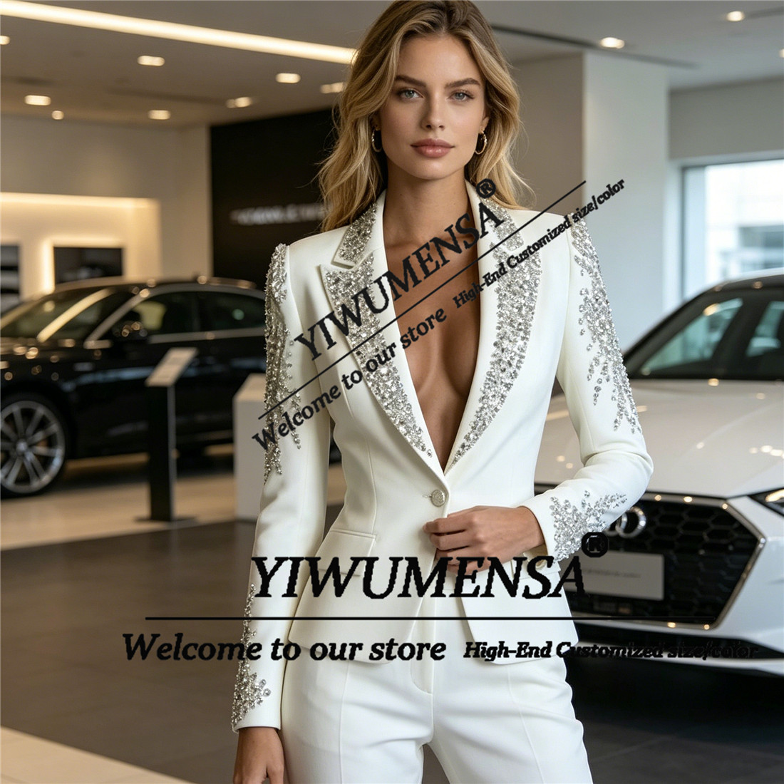 高級女性スーツ 2 ピースセットクリスタルビーズプロムブレザ - Women Formal Wear Business のレビューと価格