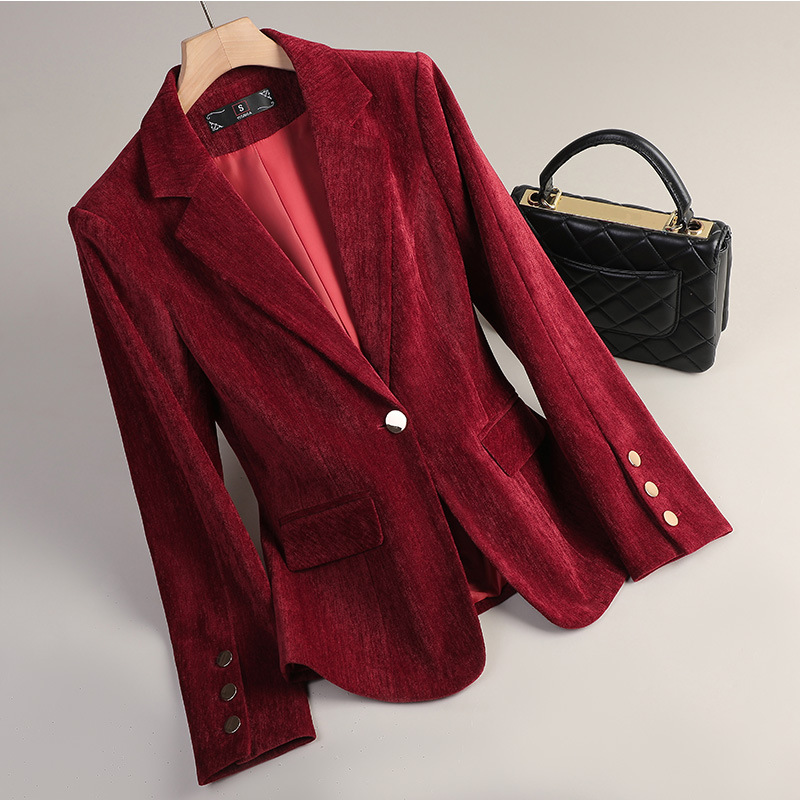 イエローゴールドベルベットブレザー女性秋冬カジュアルスーツフ - Women Formal Wear Business のレビューと価格