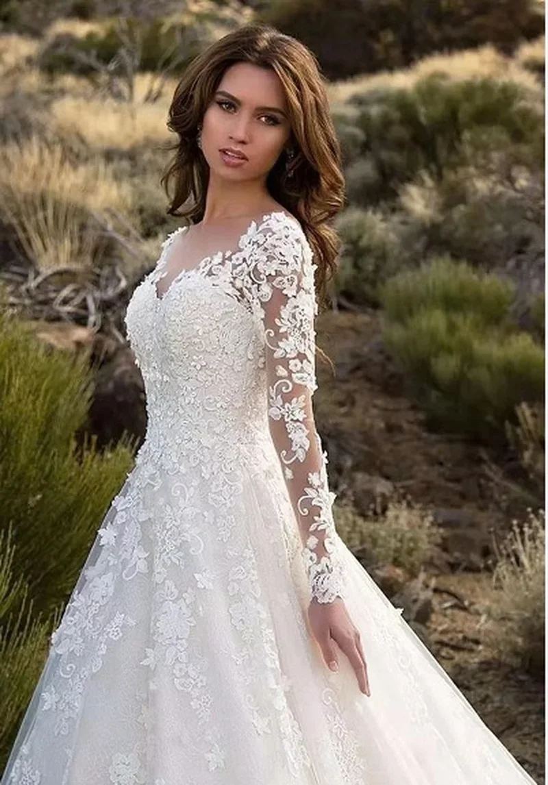 女性長袖 V ネックレース床長さの花嫁服ホワイトファッション - Women Formal Party Wear Dress のレビューと価格