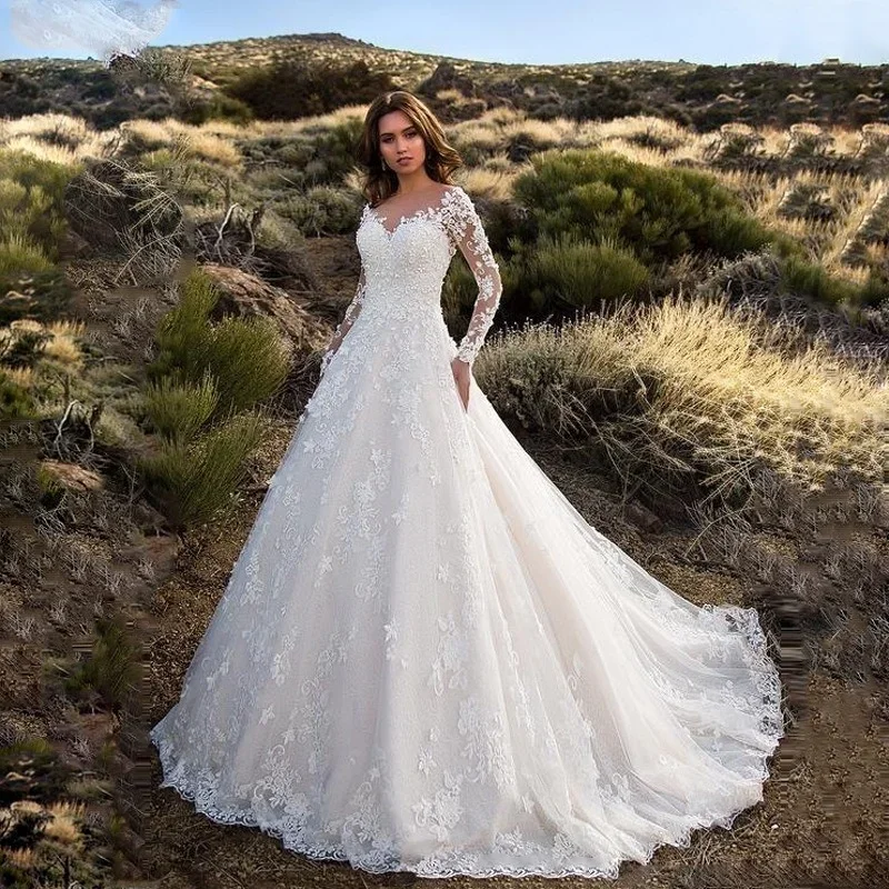 女性長袖 V ネックレース床長さの花嫁服ホワイトファッション - Women Formal Party Wear Dress のレビューと価格