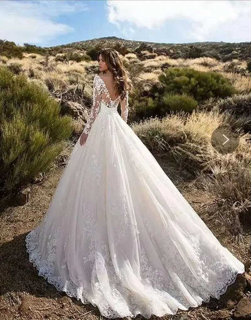 女性長袖 V ネックレース床長さの花嫁服ホワイトファッション - Women Formal Party Wear Dress のレビューと価格
