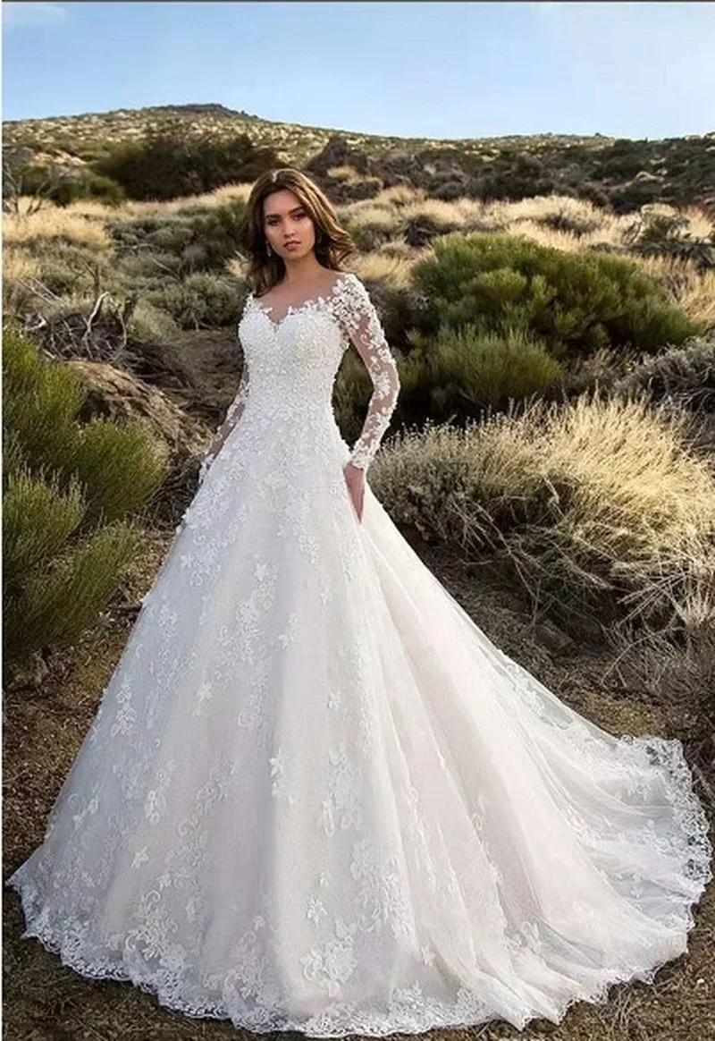 女性長袖 V ネックレース床長さの花嫁服ホワイトファッション - Women Formal Party Wear Dress のレビューと価格