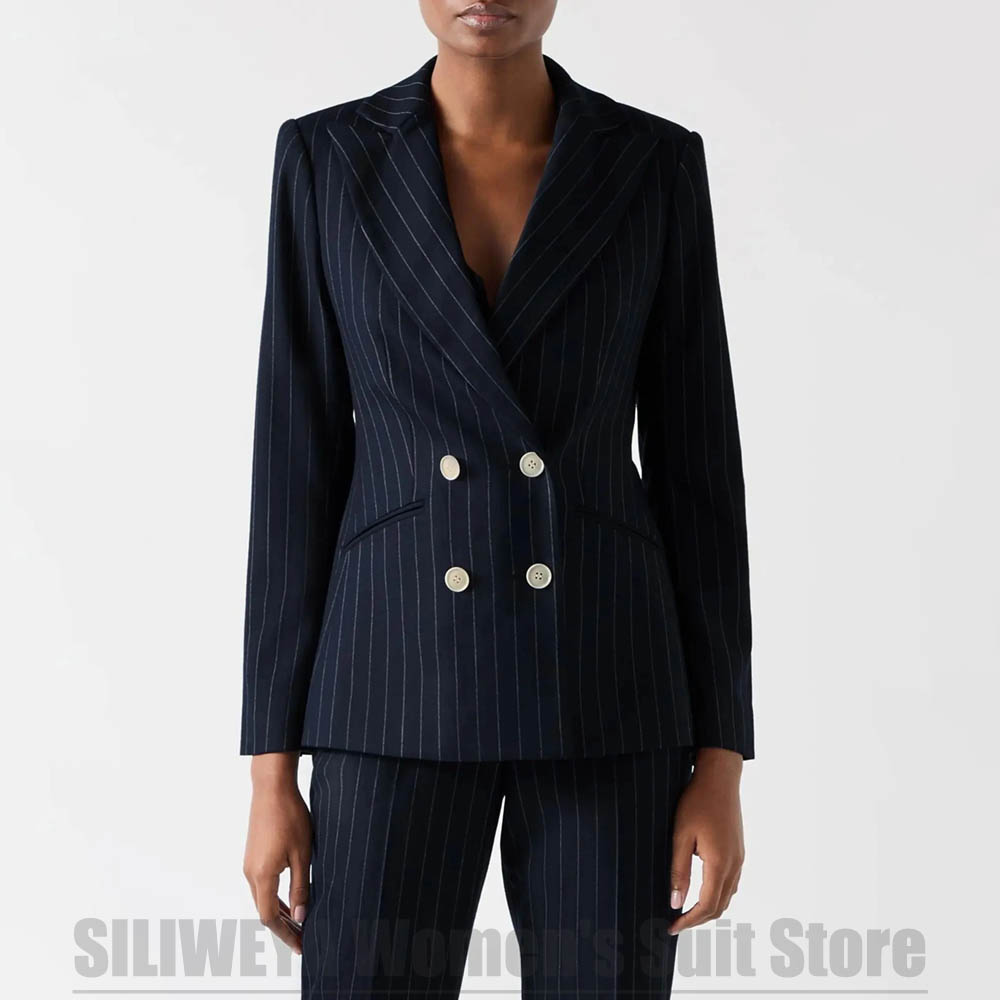 レディース ネイビーブルー ストライプ スーツ ダブルブレス - Women Formal Wear For Meeting のレビューと価格