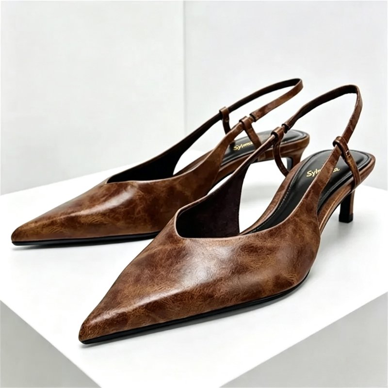 レトロブラウン子猫ヒールデザイナーパンプス女性セクシーなポイ - Slingback Heel Formal のレビューと価格