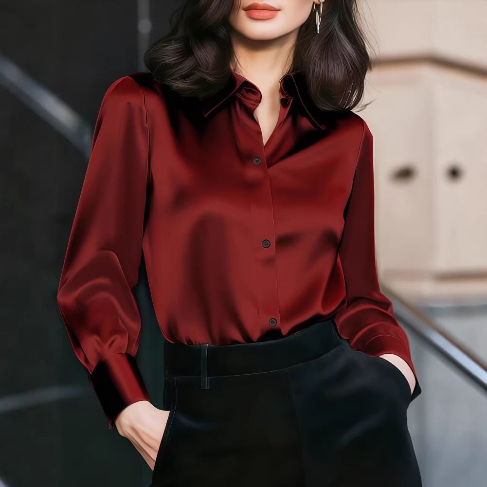 レディースサテンラペルカラーブラウス、ボタンフロント、長袖、 - Women Formal Wear Business のレビューと価格