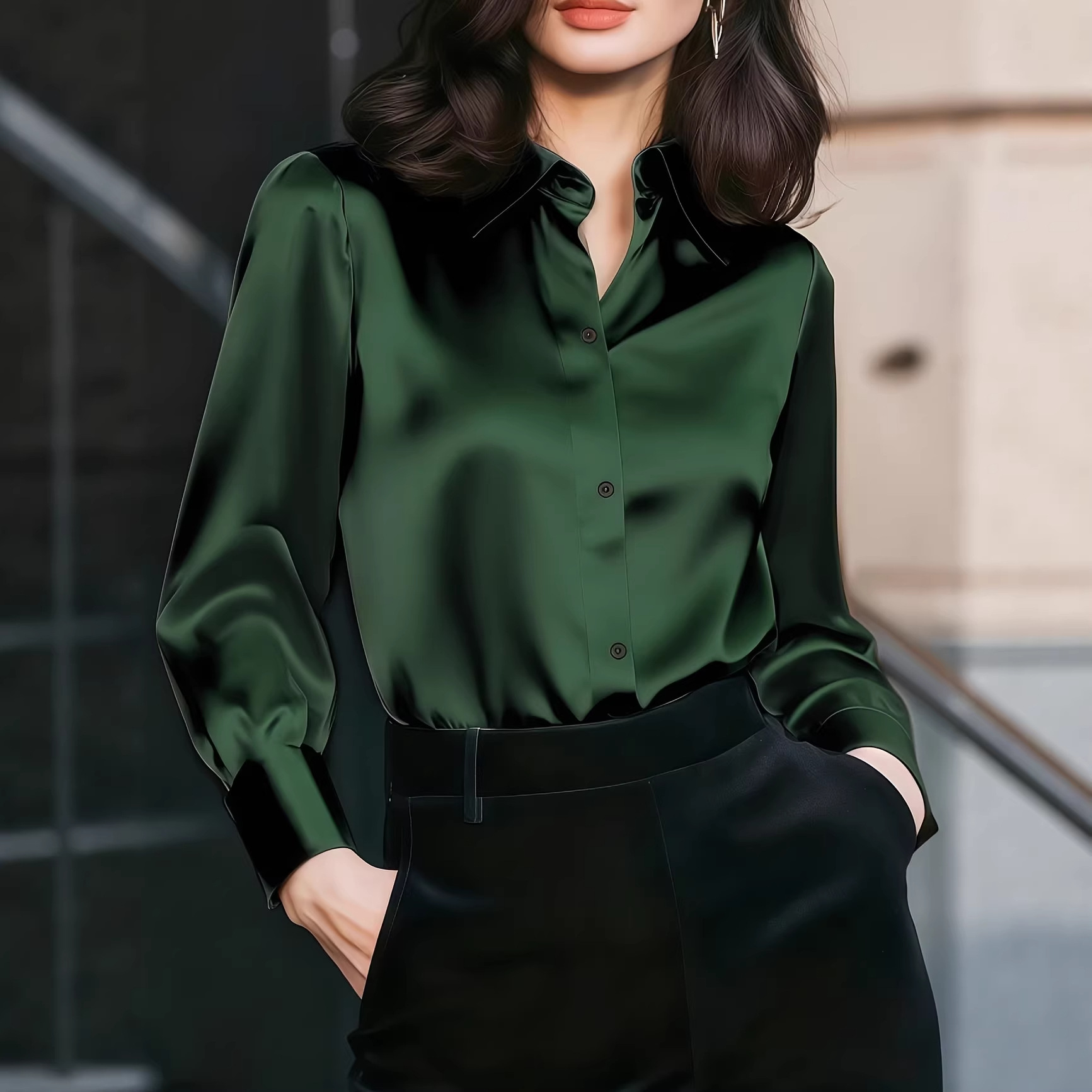 レディースサテンラペルカラーブラウス、ボタンフロント、長袖、 - Women Formal Wear Business のレビューと価格